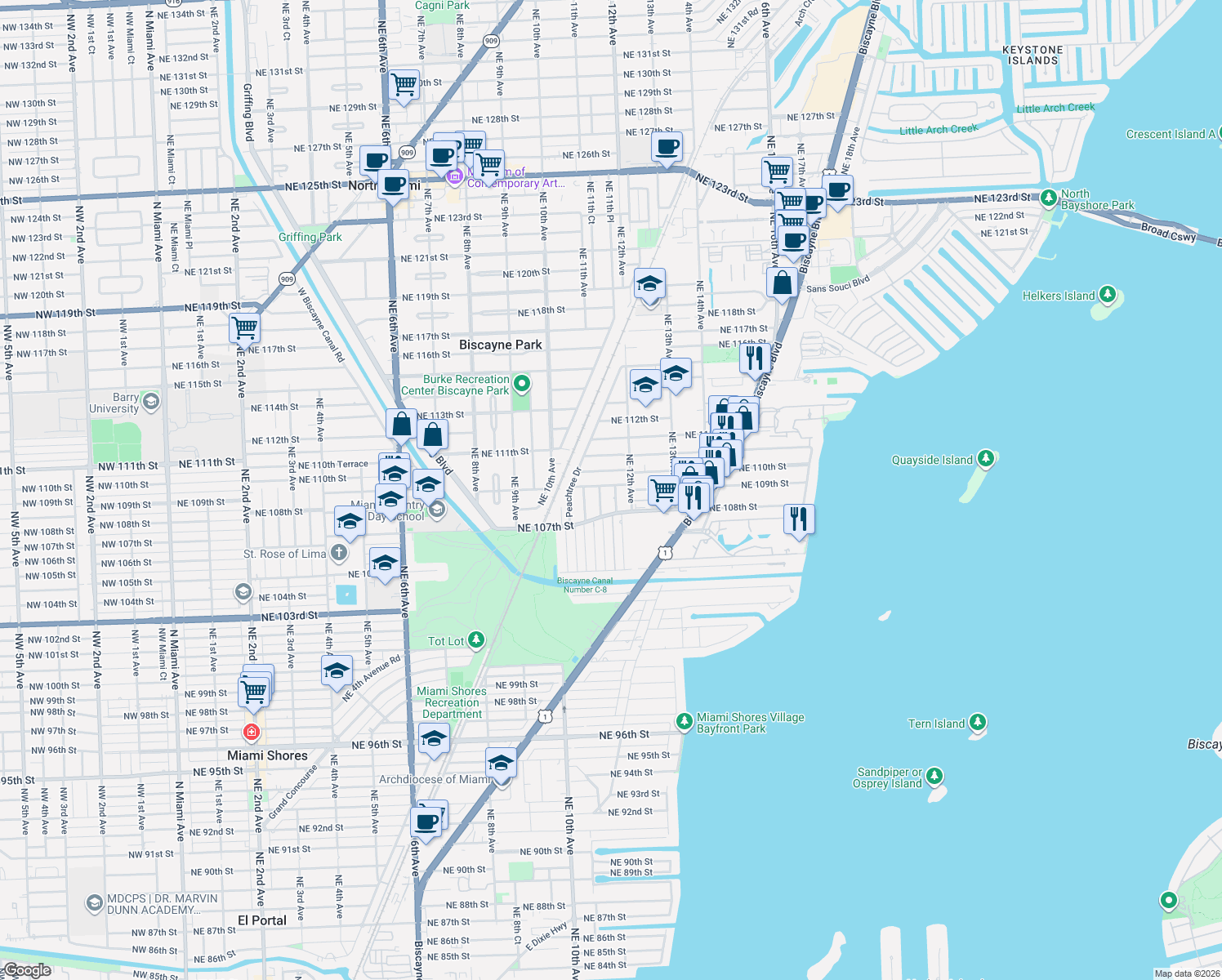 map of restaurants, bars, coffee shops, grocery stores, and more near 10825 Northeast 11th Avenue in Biscayne Park