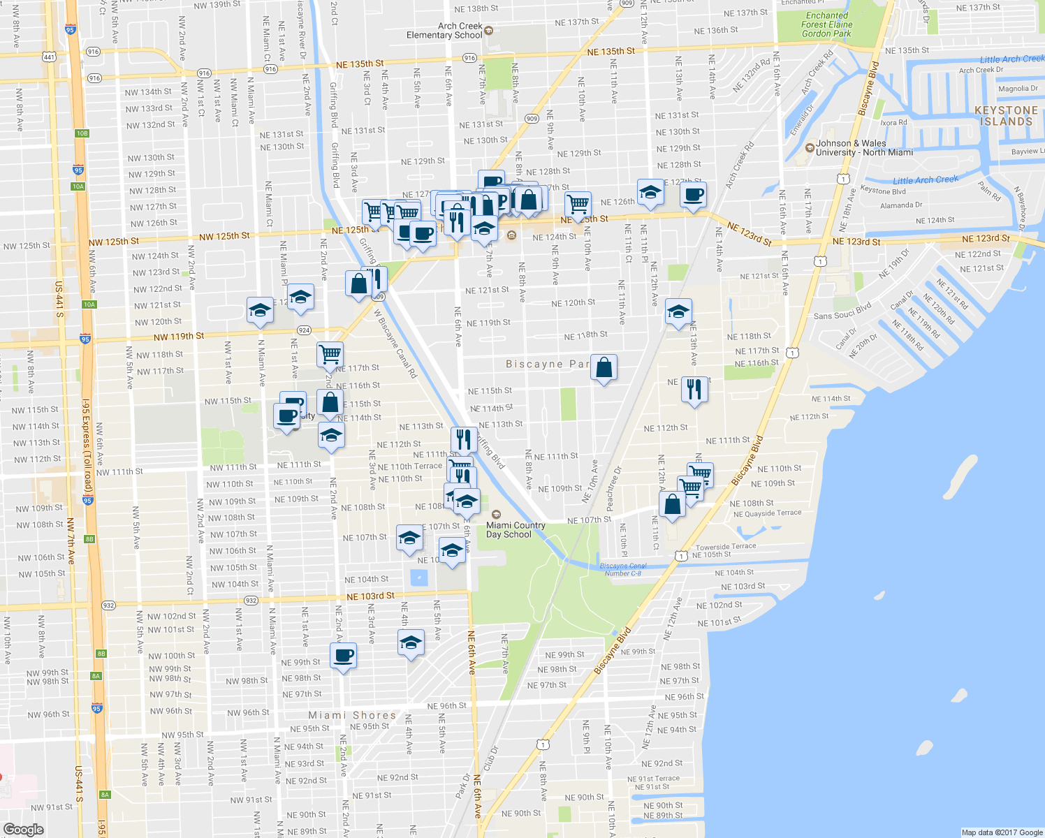 map of restaurants, bars, coffee shops, grocery stores, and more near 775 Northeast 113th Street in Biscayne Park