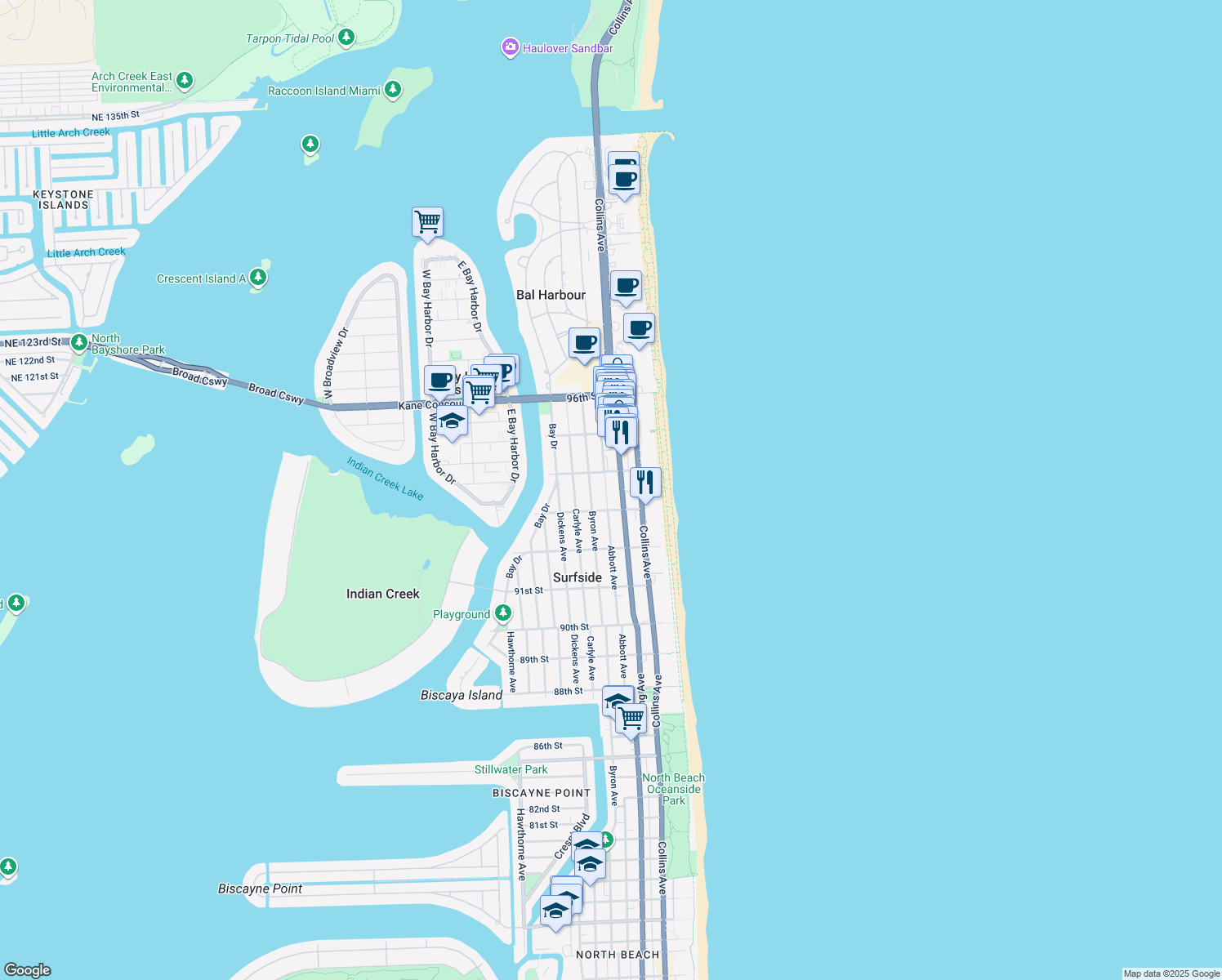 map of restaurants, bars, coffee shops, grocery stores, and more near 9349 Abbott Avenue in Surfside
