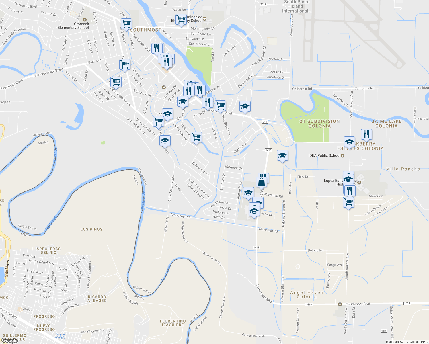 map of restaurants, bars, coffee shops, grocery stores, and more near 141 Casa Blanca Drive in Brownsville