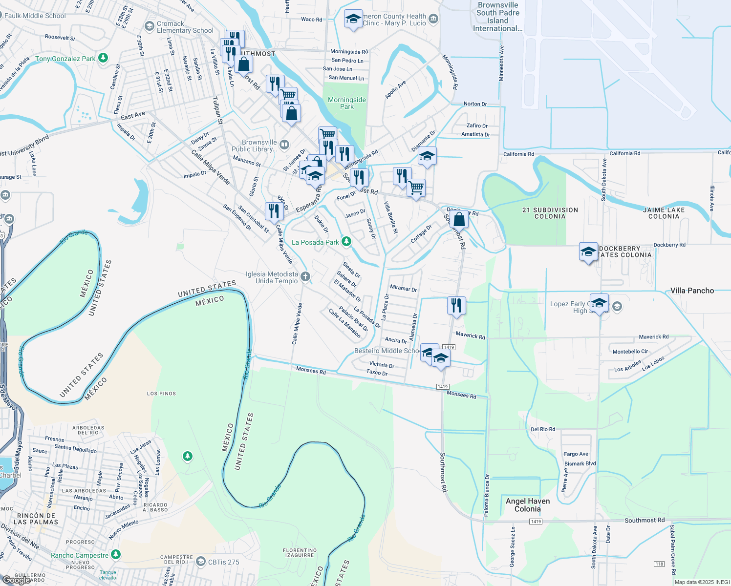 map of restaurants, bars, coffee shops, grocery stores, and more near 105 Casa Blanca Dr in Brownsville