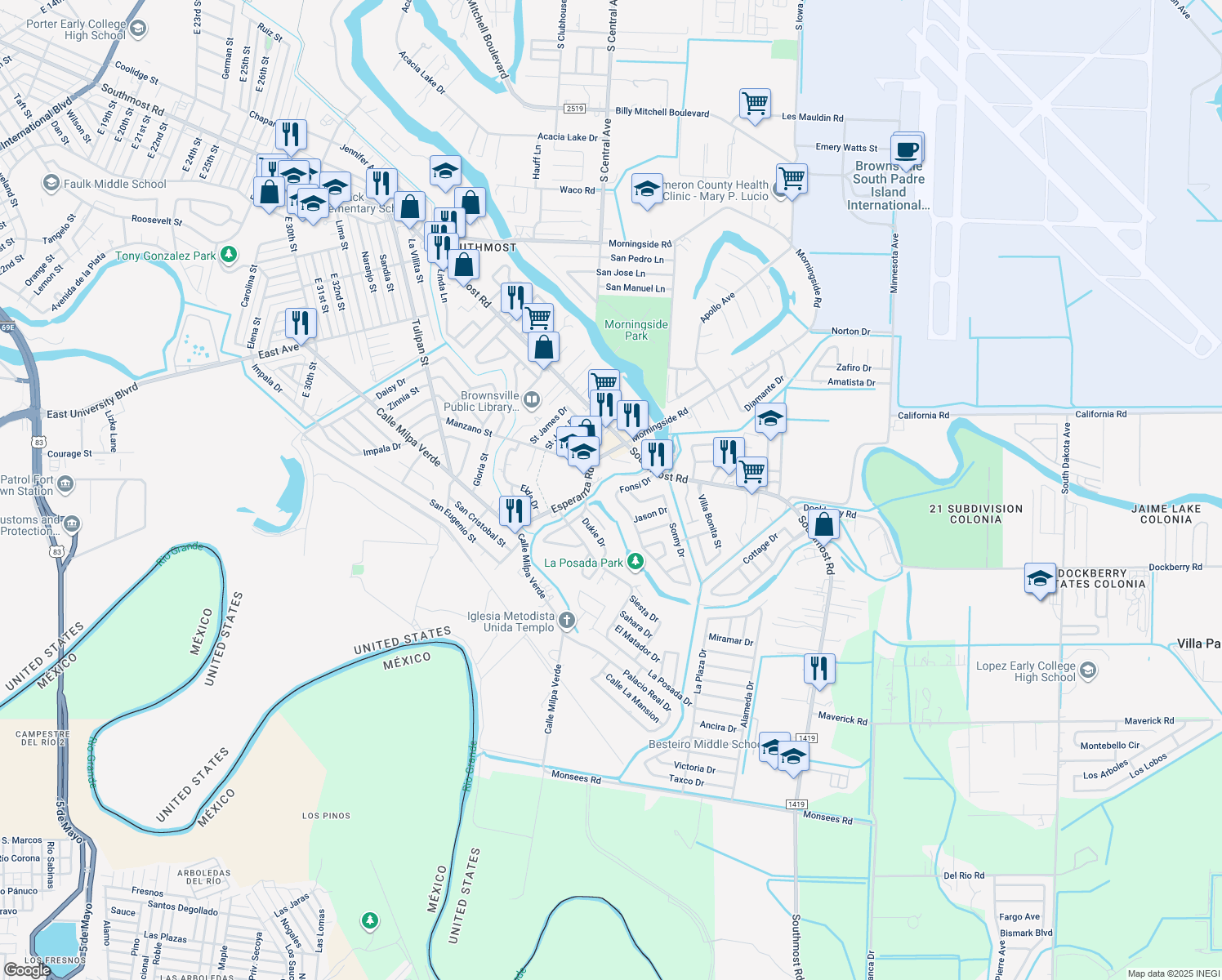 map of restaurants, bars, coffee shops, grocery stores, and more near 4878 Fonsi Dr in Brownsville