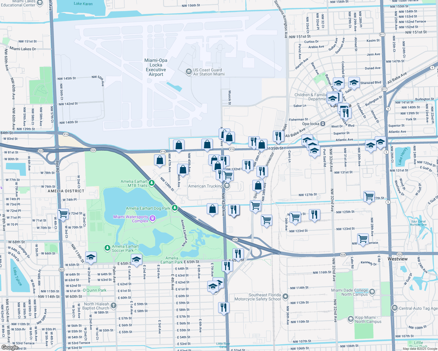 map of restaurants, bars, coffee shops, grocery stores, and more near 13000 Northwest 42nd Avenue in Opa-locka