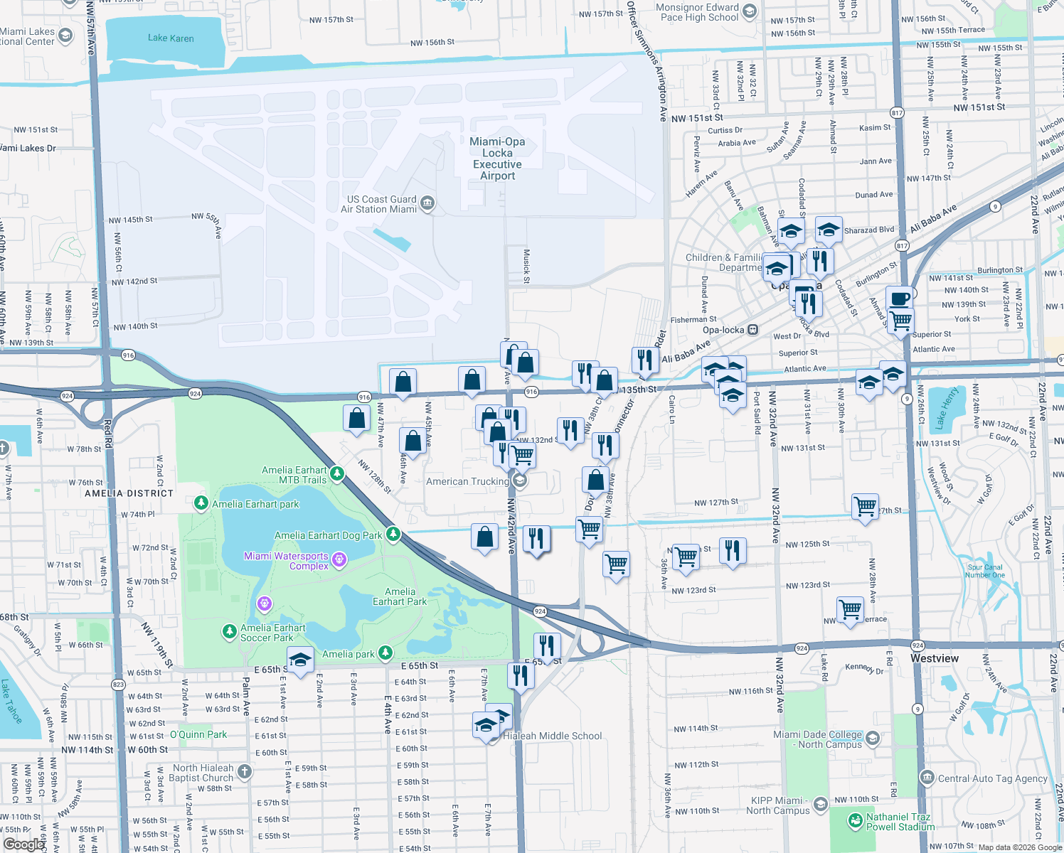 map of restaurants, bars, coffee shops, grocery stores, and more near 4165 Northwest 132nd Street in Opa-locka