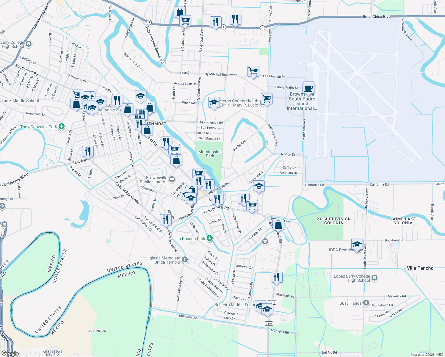 map of restaurants, bars, coffee shops, grocery stores, and more near 4701 Young Drive in Brownsville