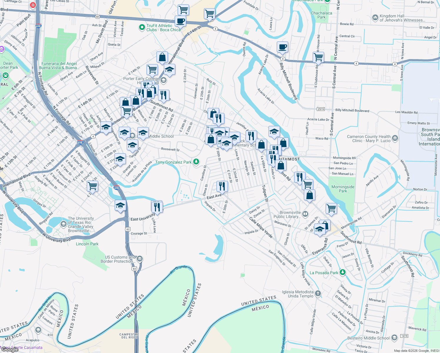 map of restaurants, bars, coffee shops, grocery stores, and more near 2944 Tampico Street in Brownsville