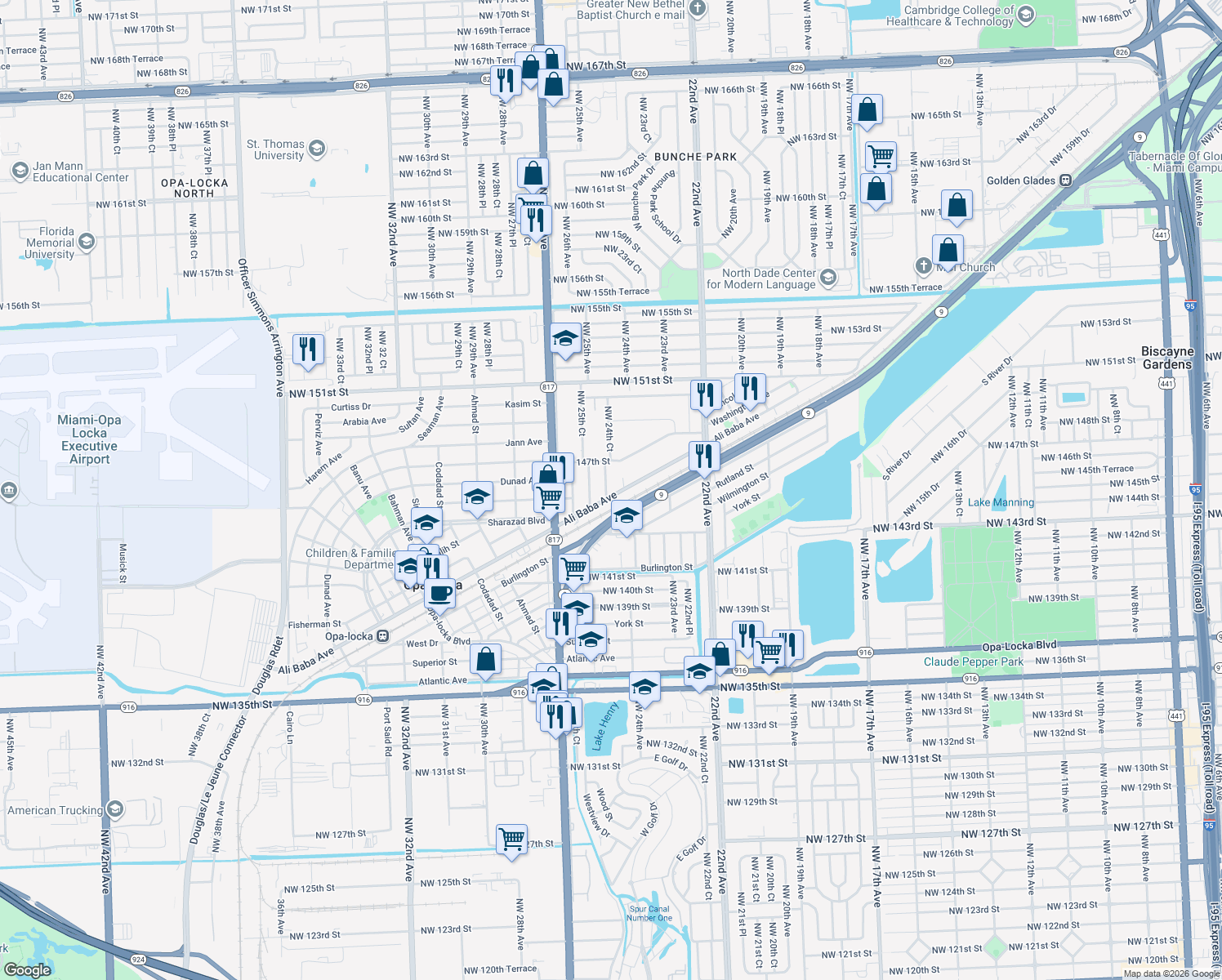 map of restaurants, bars, coffee shops, grocery stores, and more near 14591 Northwest 24th Court in Opa-locka