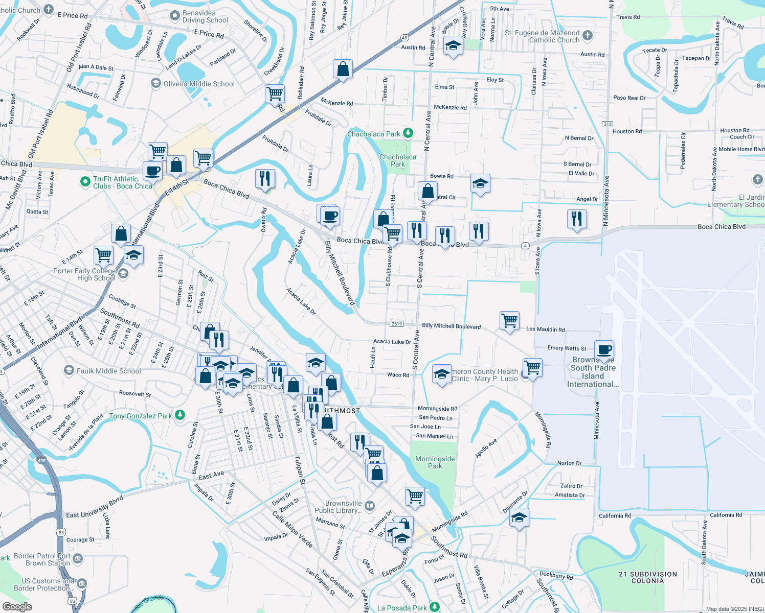 map of restaurants, bars, coffee shops, grocery stores, and more near 15 Druscilla Cir in Brownsville