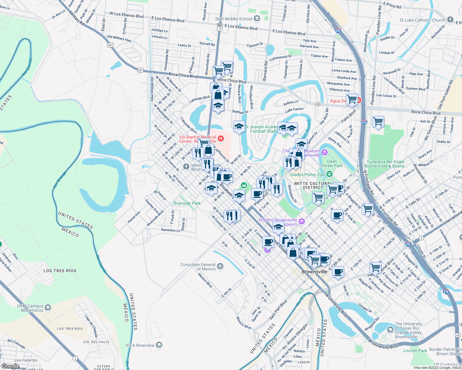 map of restaurants, bars, coffee shops, grocery stores, and more near 399 West Washington Street in Brownsville