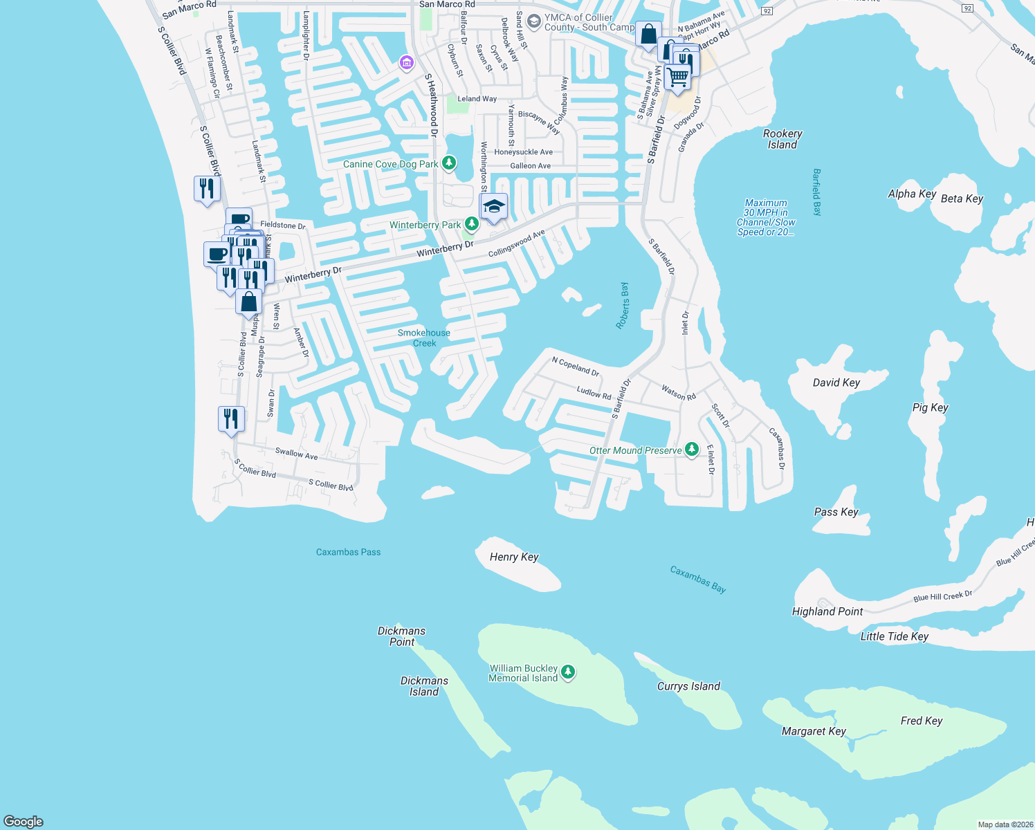 map of restaurants, bars, coffee shops, grocery stores, and more near 871 West Copeland Drive in Marco Island