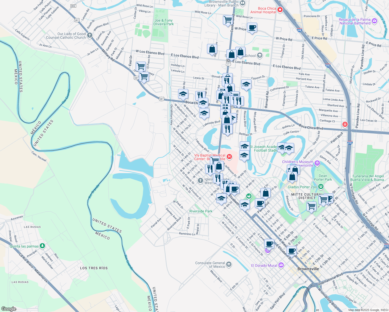 map of restaurants, bars, coffee shops, grocery stores, and more near 1300 West Elizabeth Street in Brownsville