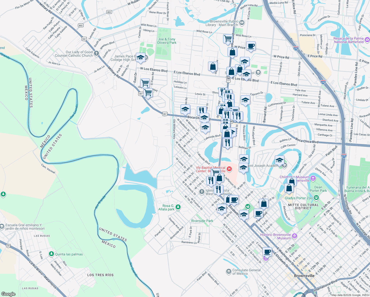 map of restaurants, bars, coffee shops, grocery stores, and more near 1640 West Washington Street in Brownsville