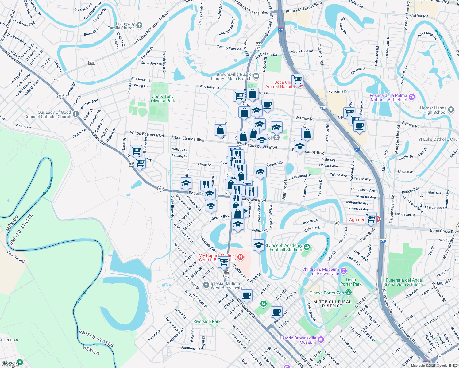 map of restaurants, bars, coffee shops, grocery stores, and more near 1444 Brownfield Road in Brownsville