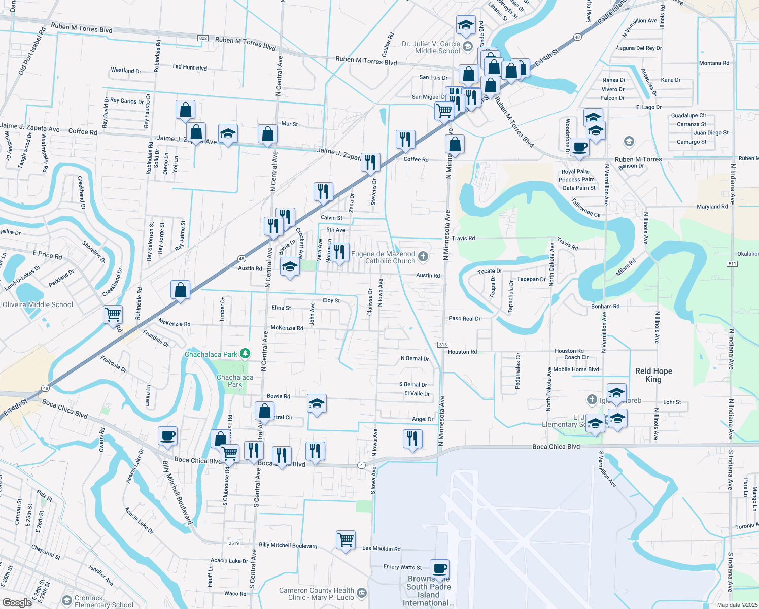 map of restaurants, bars, coffee shops, grocery stores, and more near 852 N Iowa Ave in Brownsville