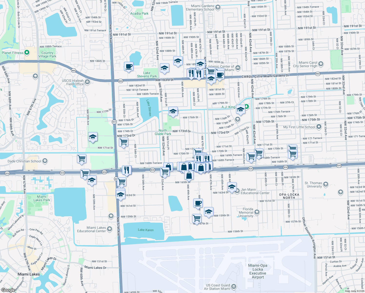 map of restaurants, bars, coffee shops, grocery stores, and more near 17115 Northwest 49th Court in Opa-locka