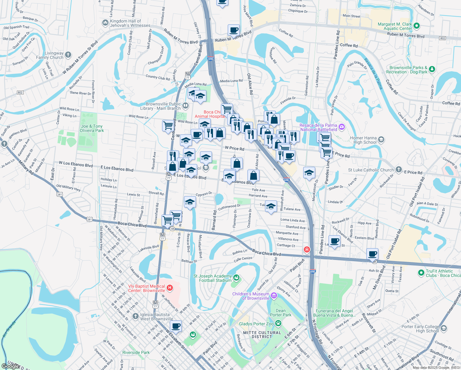 map of restaurants, bars, coffee shops, grocery stores, and more near 1300 East Los Ebanos Boulevard in Brownsville