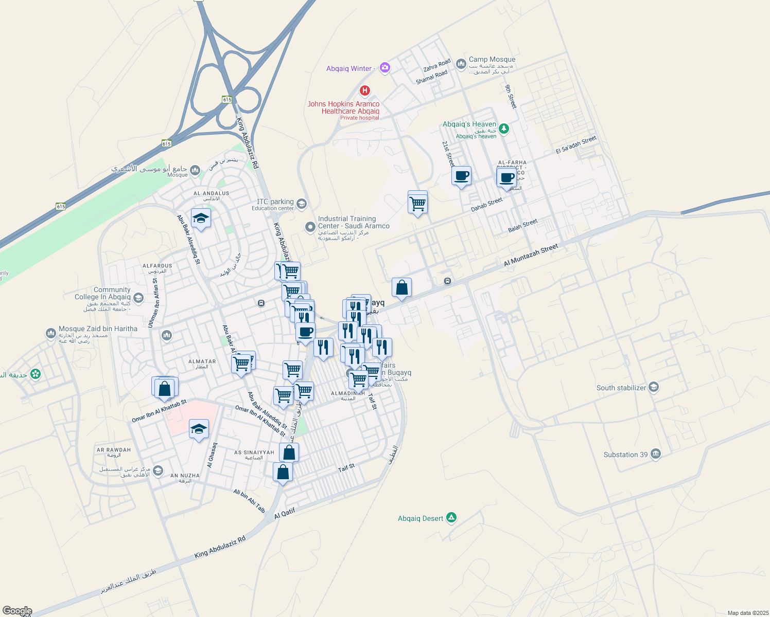 map of restaurants, bars, coffee shops, grocery stores, and more near 2225 Al Muntazah Street in Buqayq