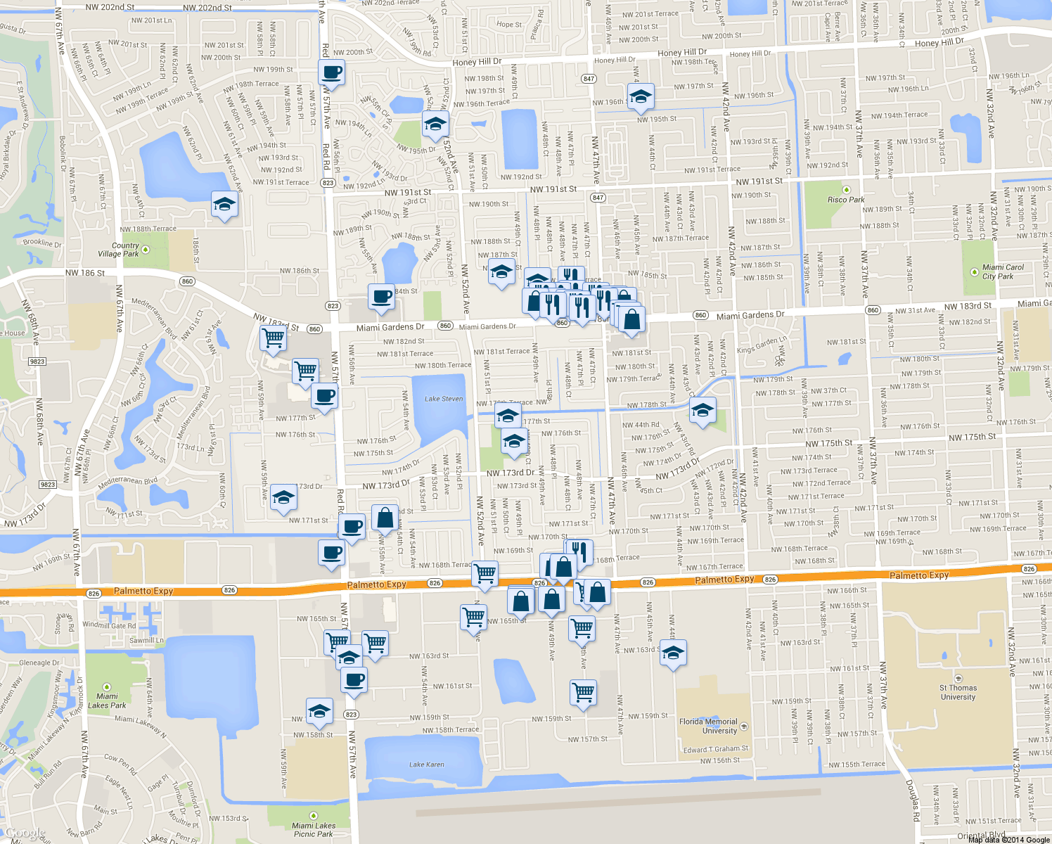 map of restaurants, bars, coffee shops, grocery stores, and more near 5000 Northwest 177th Street in Opa-locka