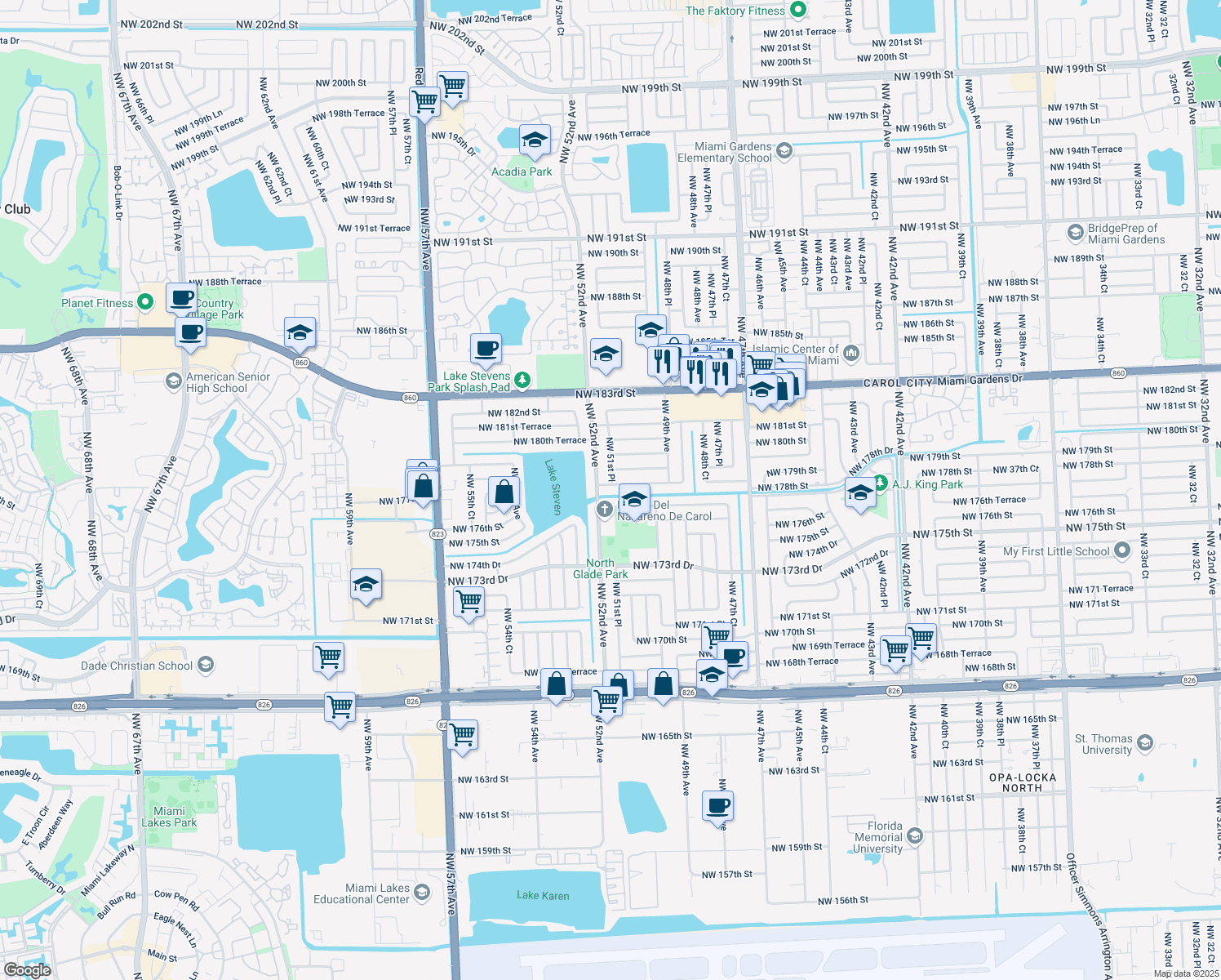 map of restaurants, bars, coffee shops, grocery stores, and more near 5110 Northwest 178th Terrace in Miami Gardens