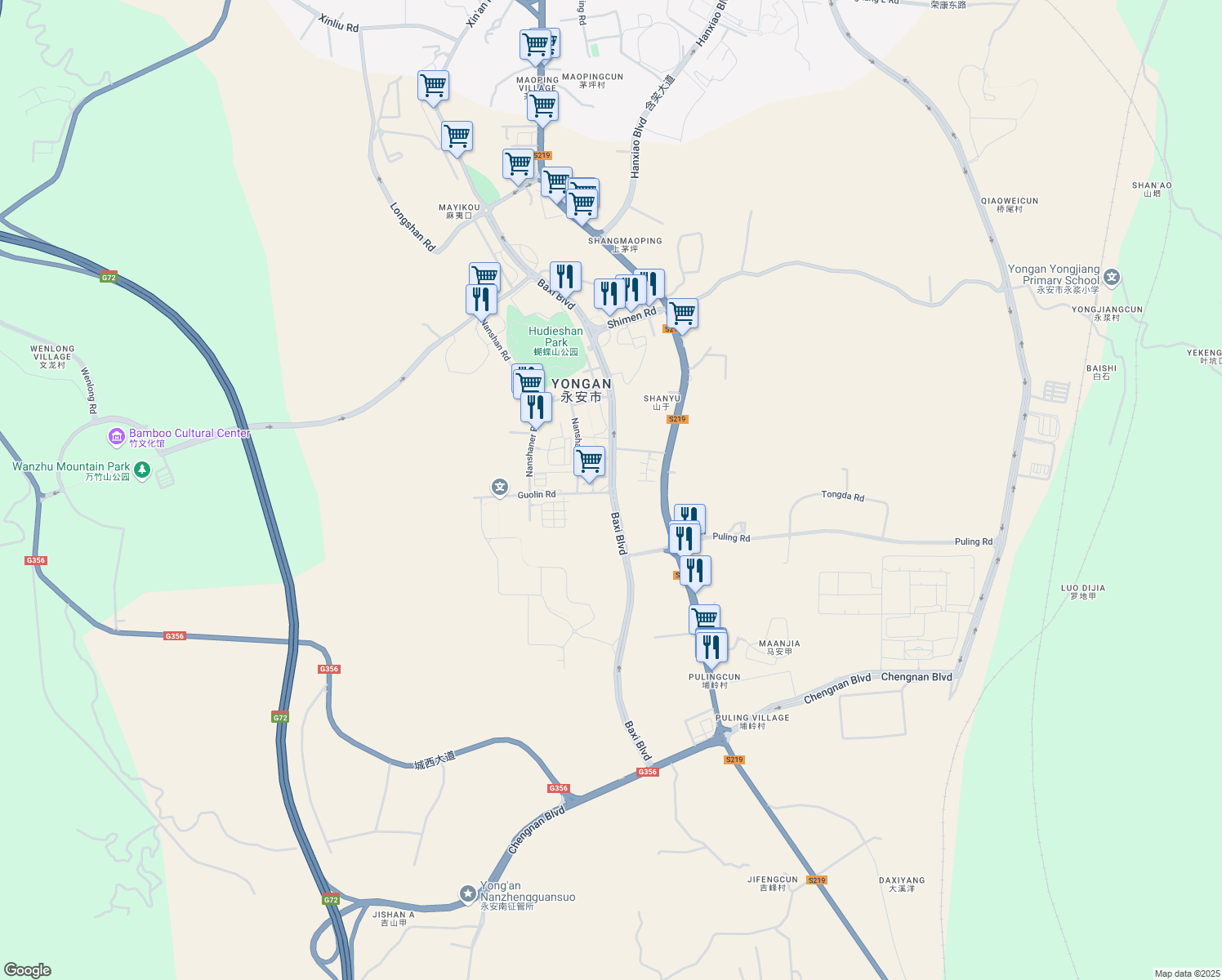 map of restaurants, bars, coffee shops, grocery stores, and more near Ba Xi Da Dao in San Ming Shi