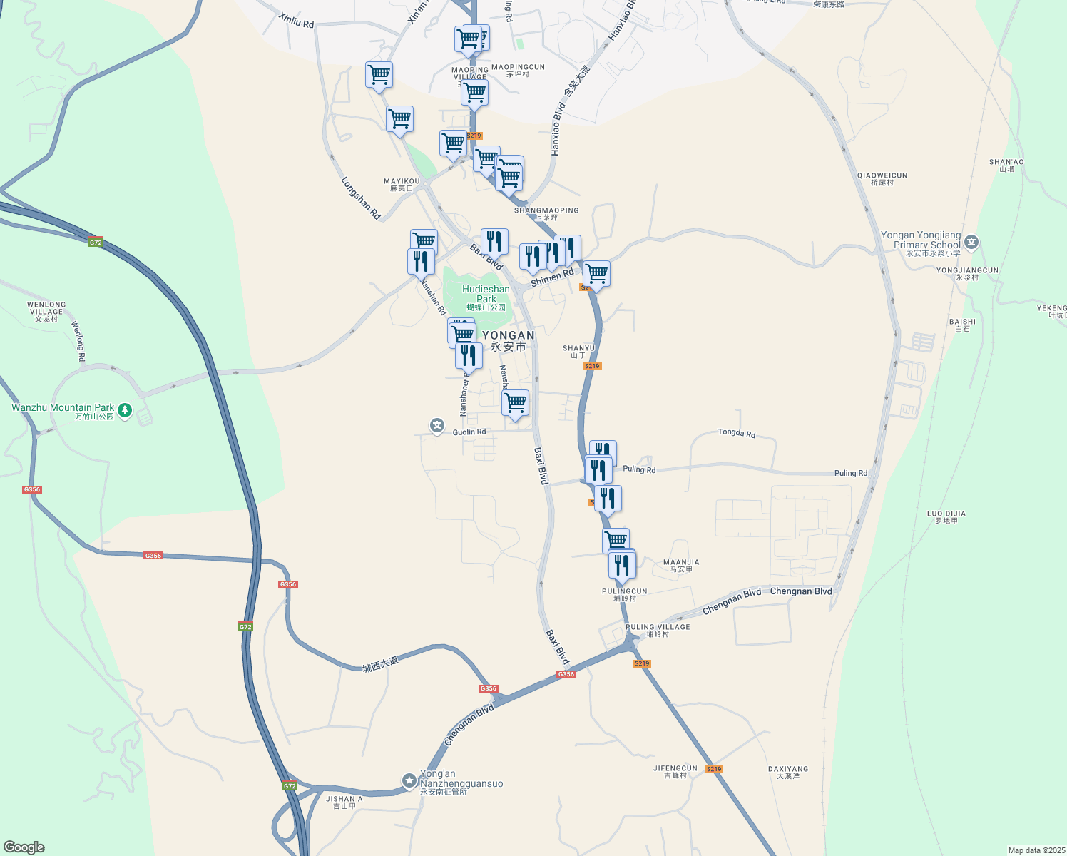 map of restaurants, bars, coffee shops, grocery stores, and more near Ba Xi Da Dao in San Ming Shi