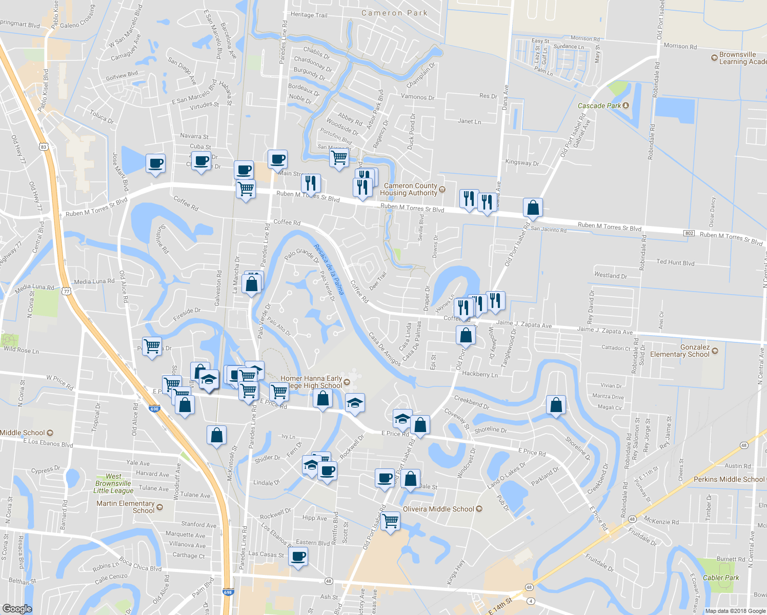 map of restaurants, bars, coffee shops, grocery stores, and more near 2672 Greenhaven Drive in Brownsville