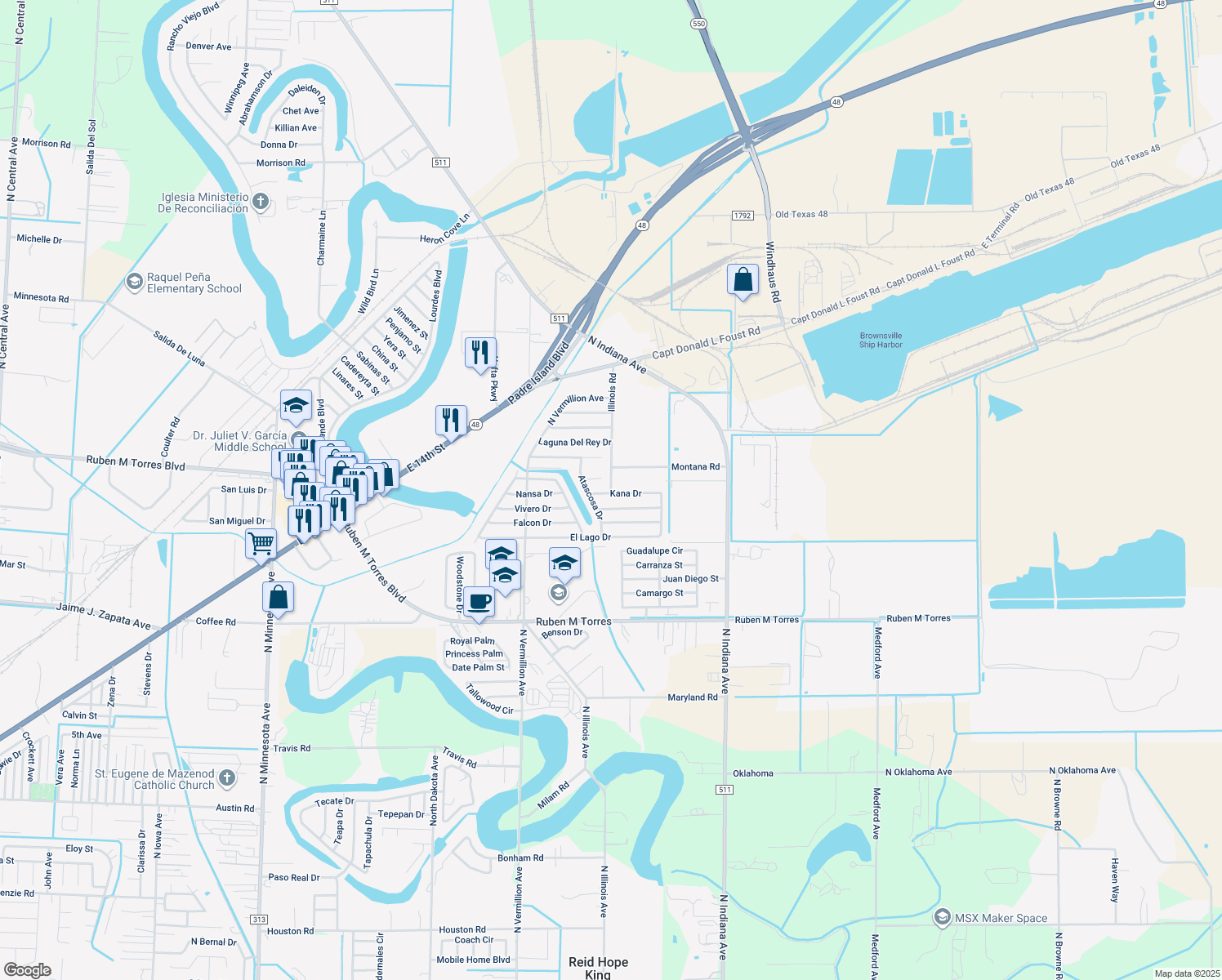 map of restaurants, bars, coffee shops, grocery stores, and more near 2206 Illinois Rd in Brownsville