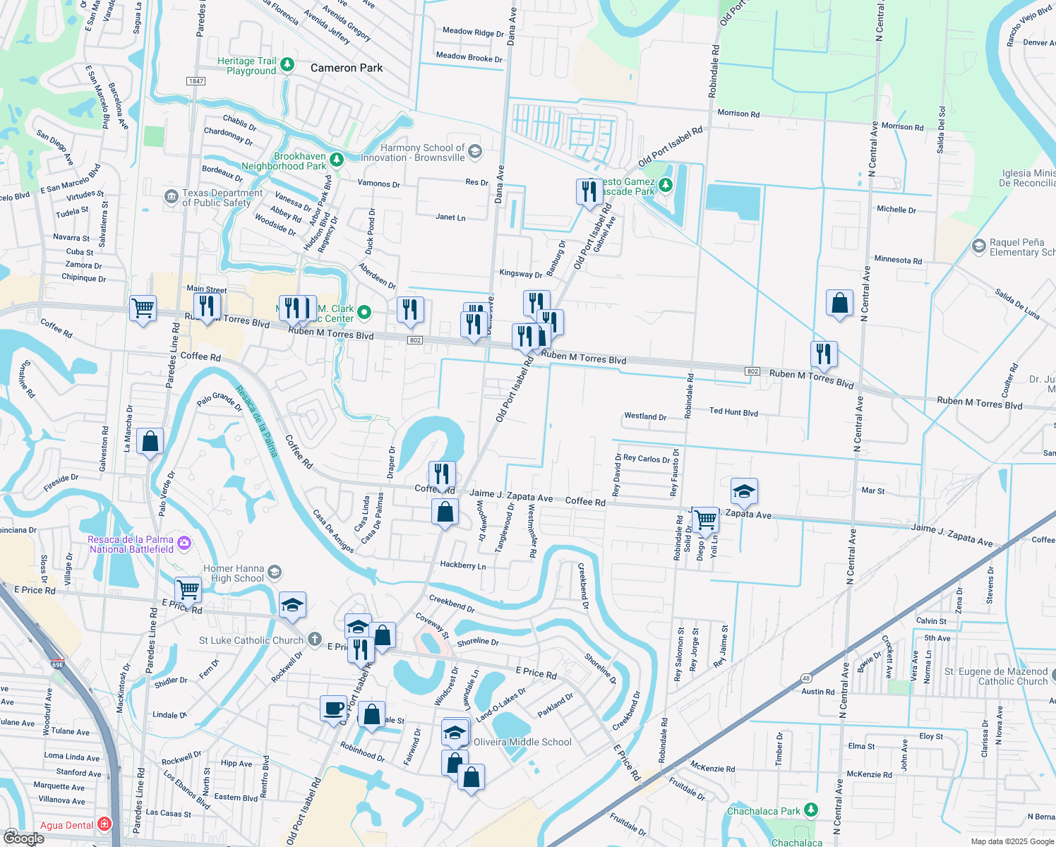 map of restaurants, bars, coffee shops, grocery stores, and more near 2120 Old Port Isabel Rd in Brownsville