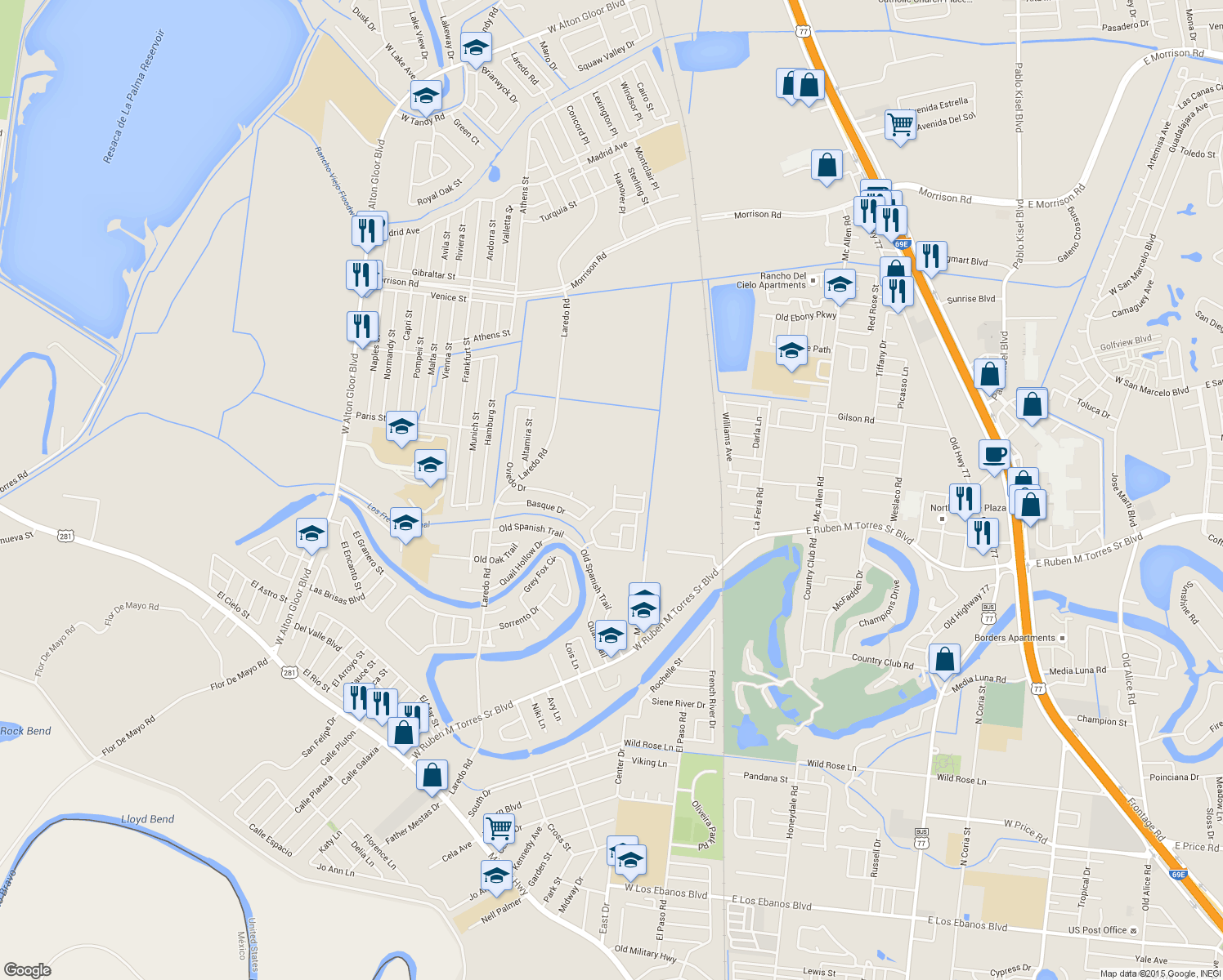 map of restaurants, bars, coffee shops, grocery stores, and more near 3824 North Shore Trail in Brownsville