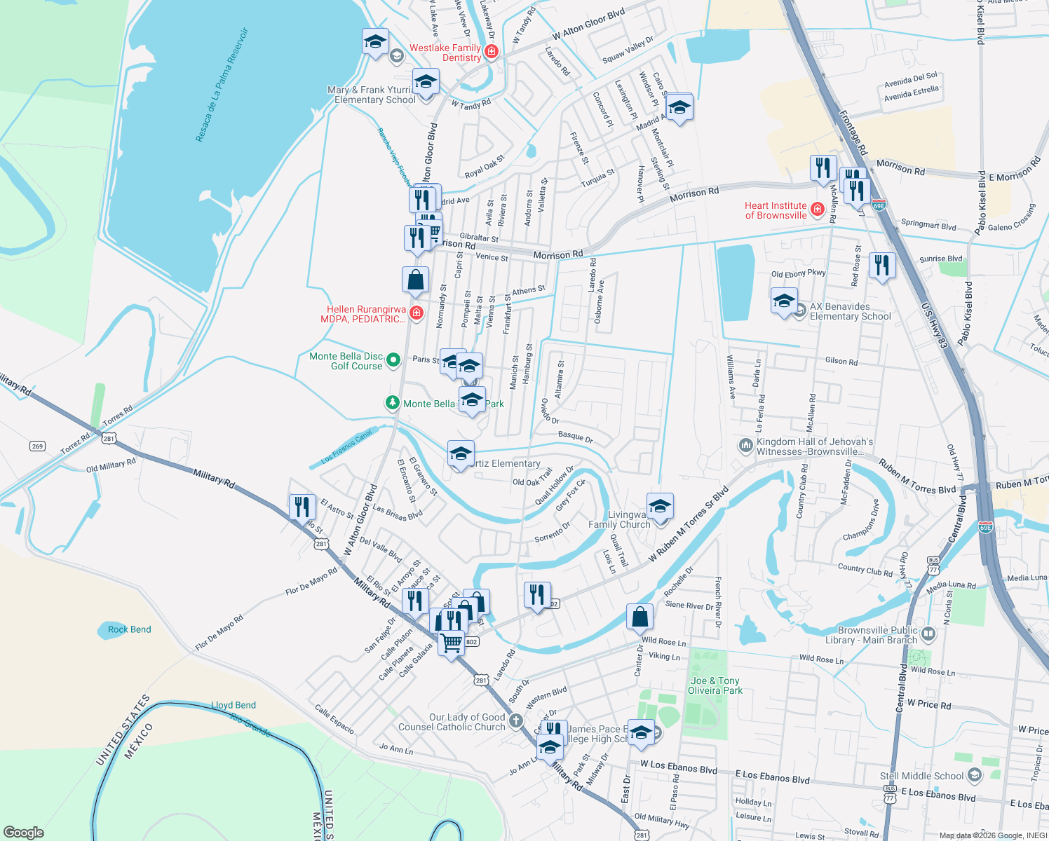 map of restaurants, bars, coffee shops, grocery stores, and more near 2344 Hamburg St in Brownsville