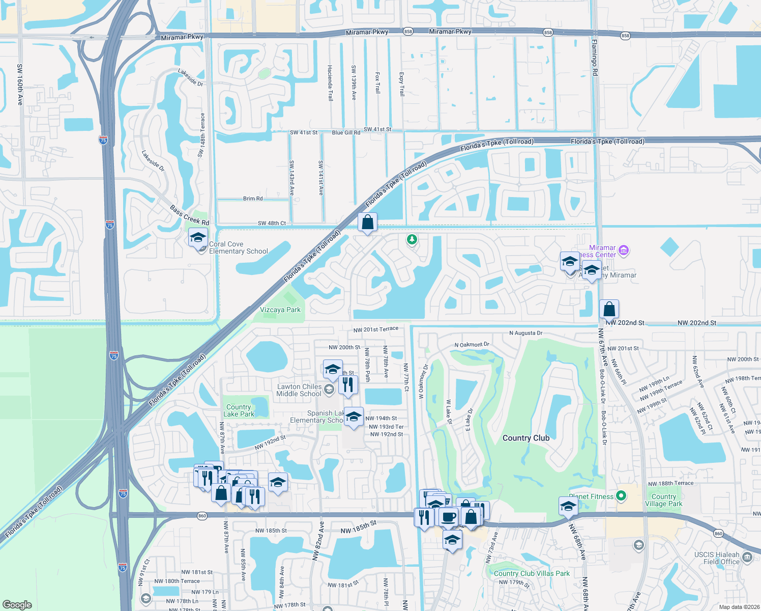 map of restaurants, bars, coffee shops, grocery stores, and more near Honey Hill Drive in Miami-Dade County
