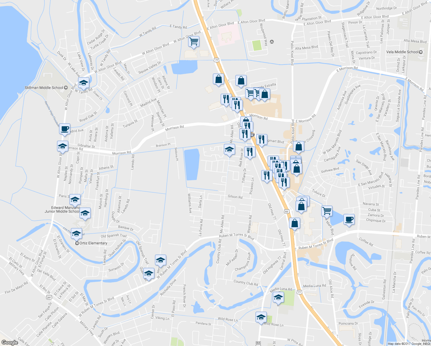 map of restaurants, bars, coffee shops, grocery stores, and more near 128 Raintree Path in Brownsville