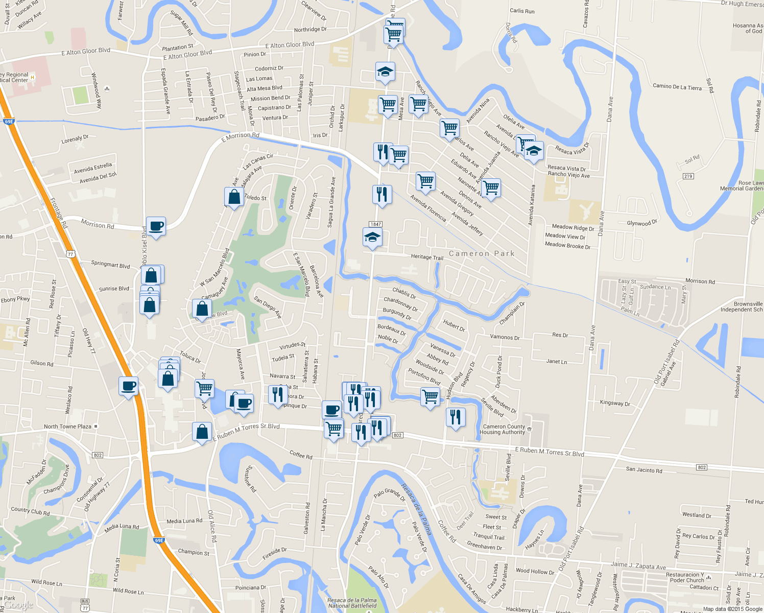 map of restaurants, bars, coffee shops, grocery stores, and more near 3313 Burgundy Drive in Brownsville