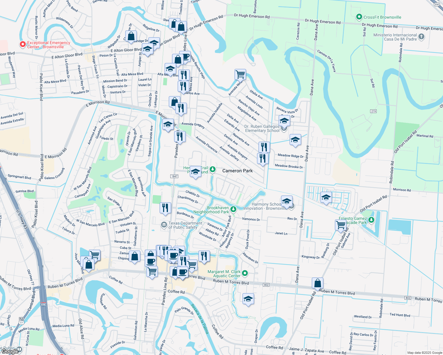 map of restaurants, bars, coffee shops, grocery stores, and more near 3336 Brasilia Drive in Brownsville