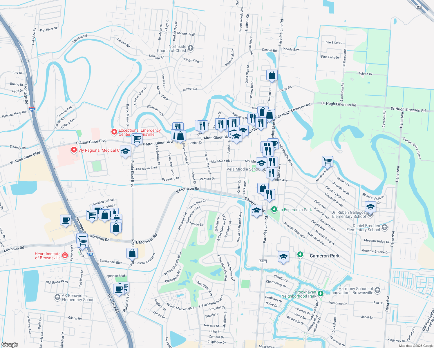 map of restaurants, bars, coffee shops, grocery stores, and more near 1550 Capistrano Dr in Brownsville