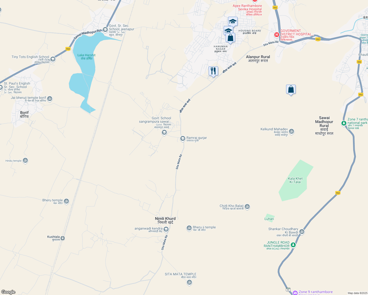 map of restaurants, bars, coffee shops, grocery stores, and more near Sita Mata Road in Sawai Madhopur