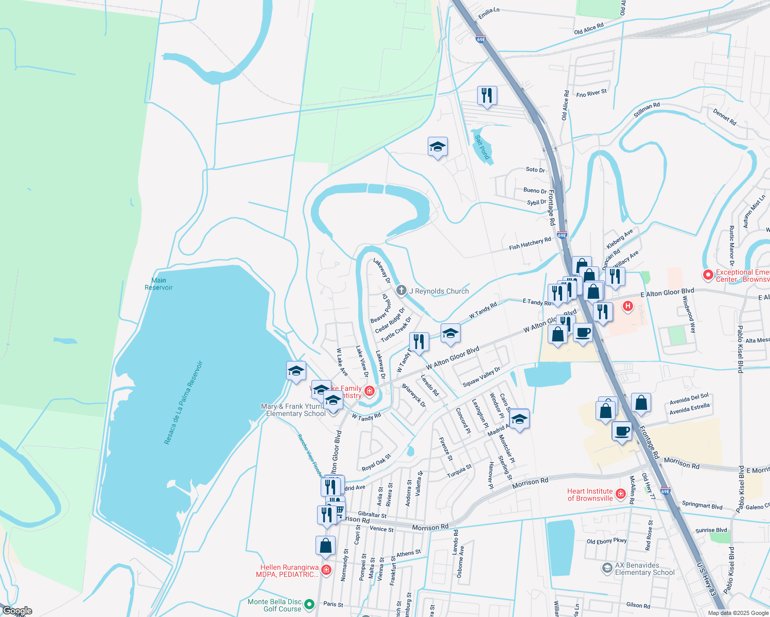 map of restaurants, bars, coffee shops, grocery stores, and more near 4721 Beaver Pond Dr in Brownsville