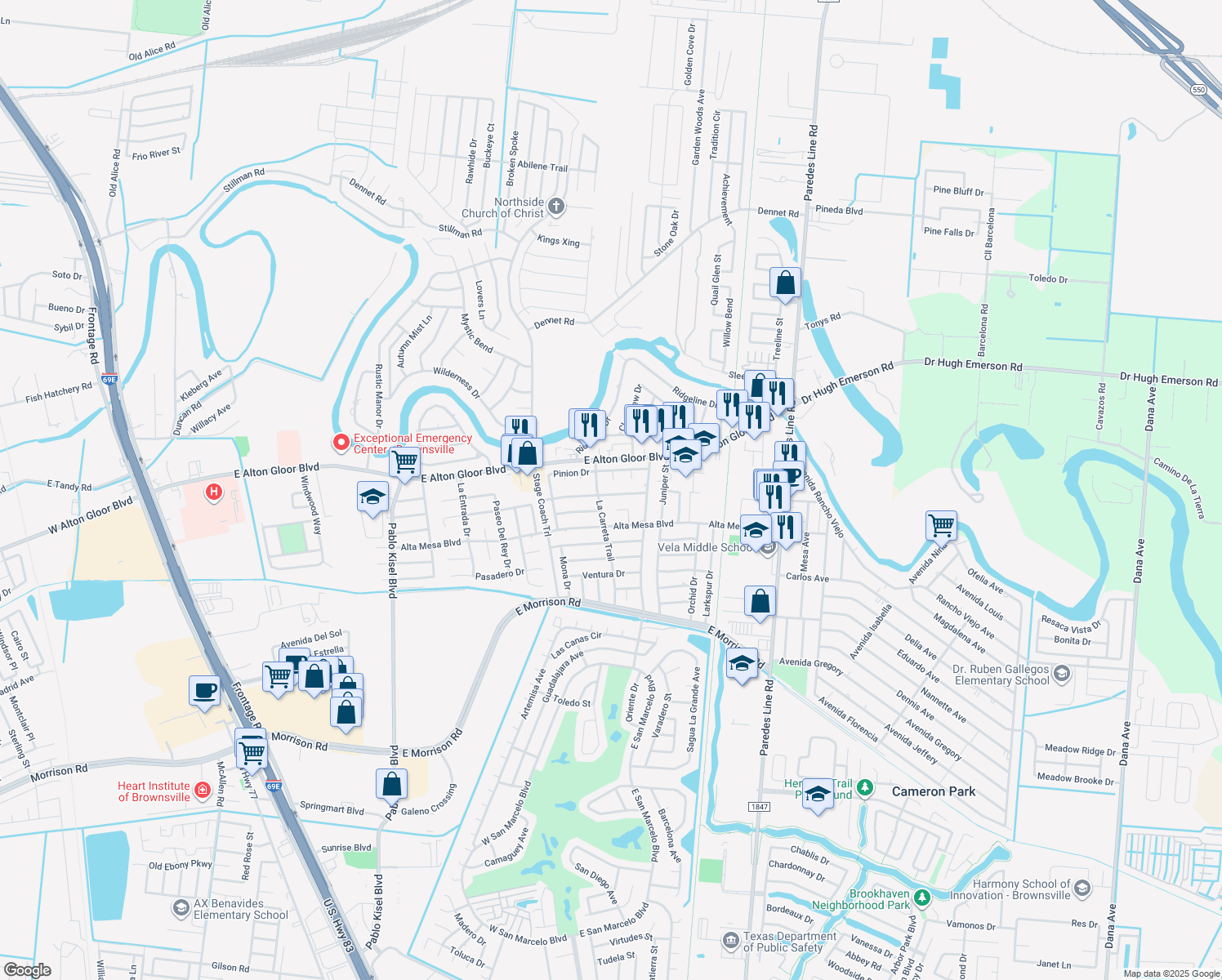 map of restaurants, bars, coffee shops, grocery stores, and more near 1498 Codorniz Drive in Brownsville