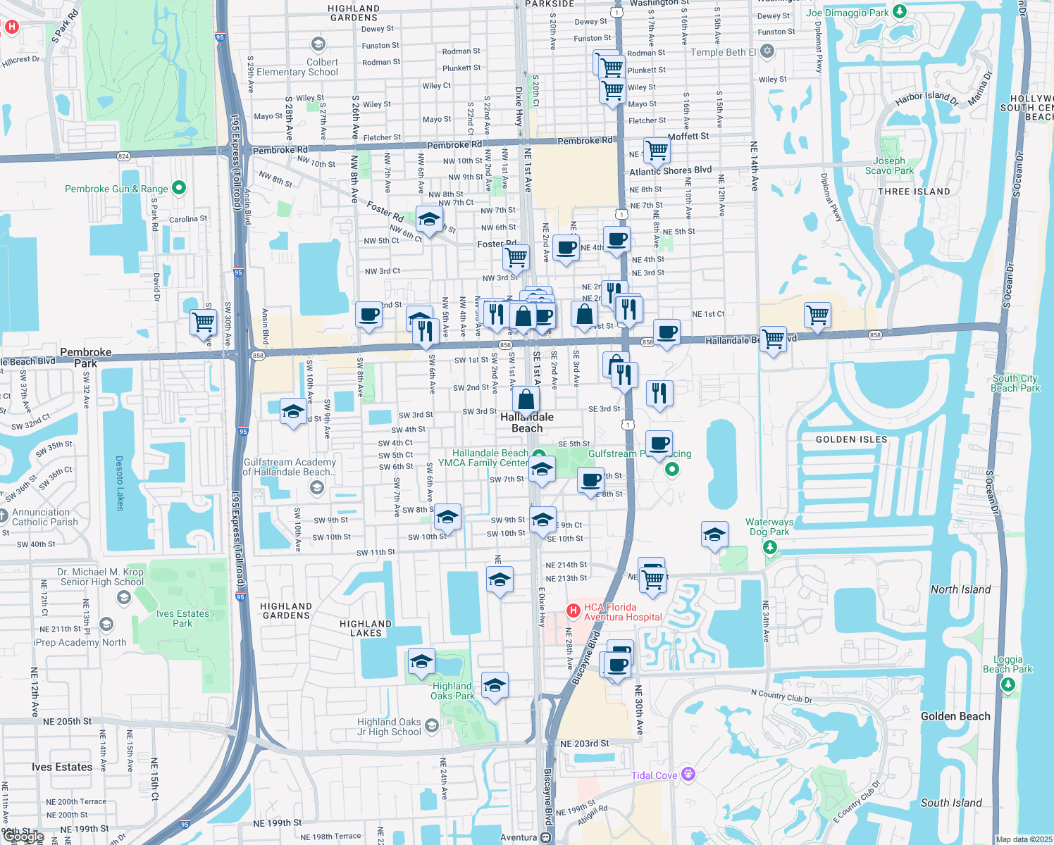 map of restaurants, bars, coffee shops, grocery stores, and more near in Hallandale Beach