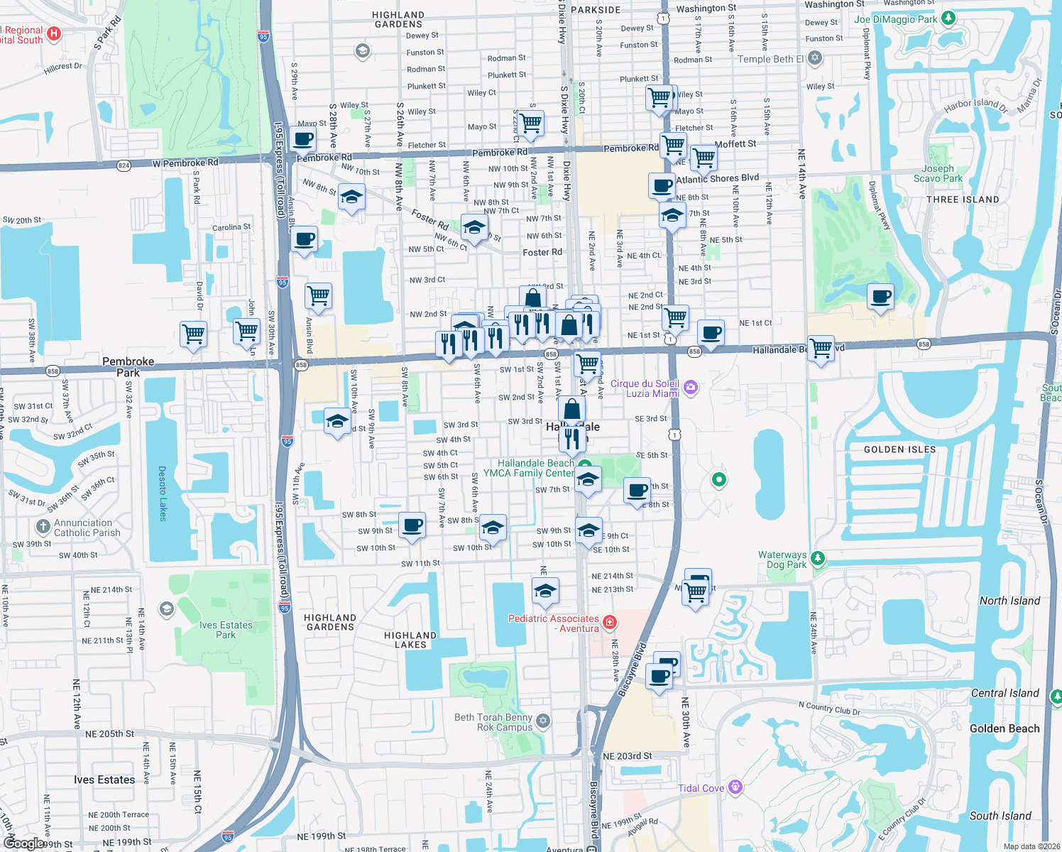map of restaurants, bars, coffee shops, grocery stores, and more near 211 Southwest 3rd Street in Hallandale Beach