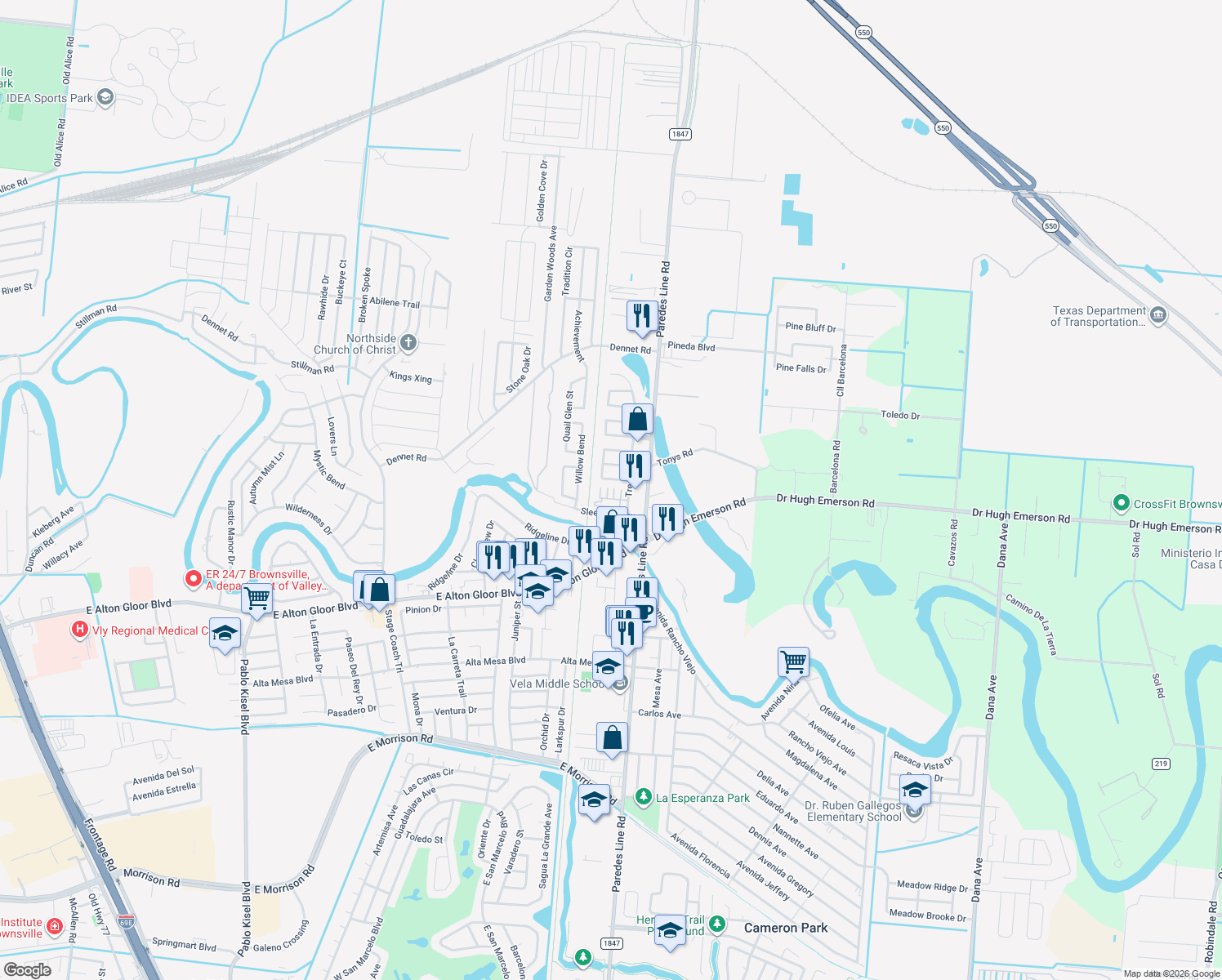 map of restaurants, bars, coffee shops, grocery stores, and more near Brownsville Historic Battlefield Hike and Bike Trail in Brownsville