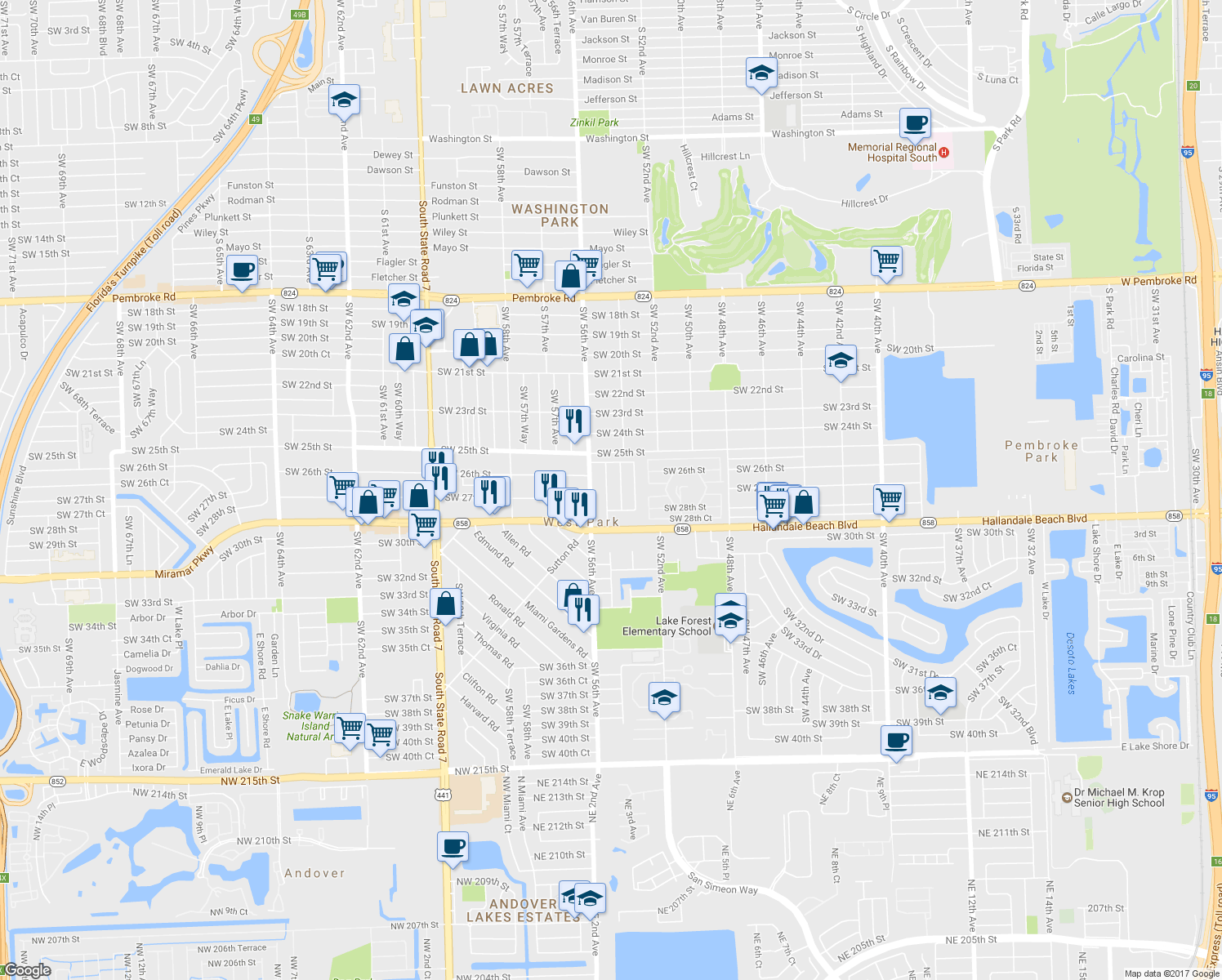 map of restaurants, bars, coffee shops, grocery stores, and more near 2631 Southwest 55th Avenue in West Park