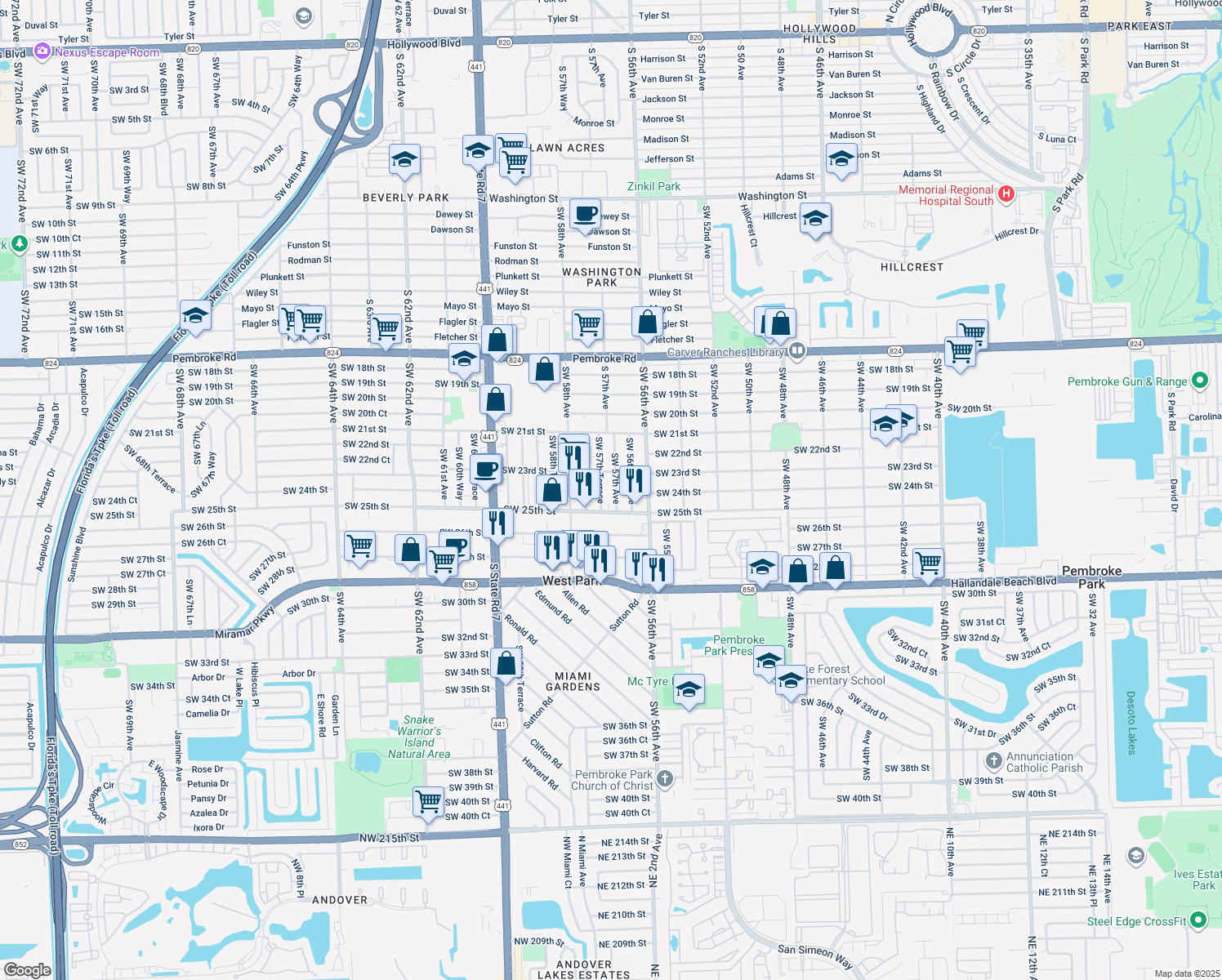 map of restaurants, bars, coffee shops, grocery stores, and more near 2316 Southwest 57th Avenue in West Park