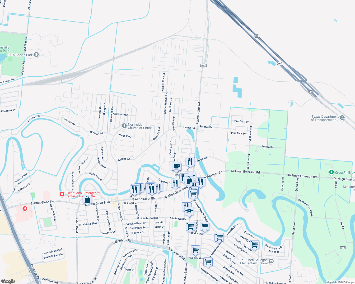 map of restaurants, bars, coffee shops, grocery stores, and more near 5484 Achievement in Brownsville