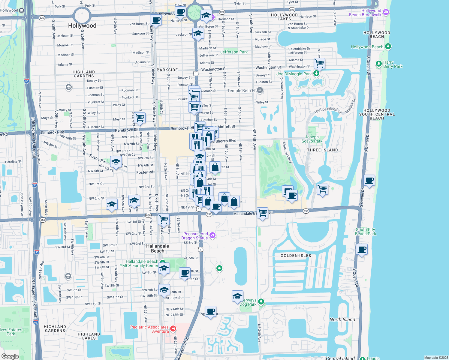 map of restaurants, bars, coffee shops, grocery stores, and more near 918 Northeast 4th Street in Hallandale Beach