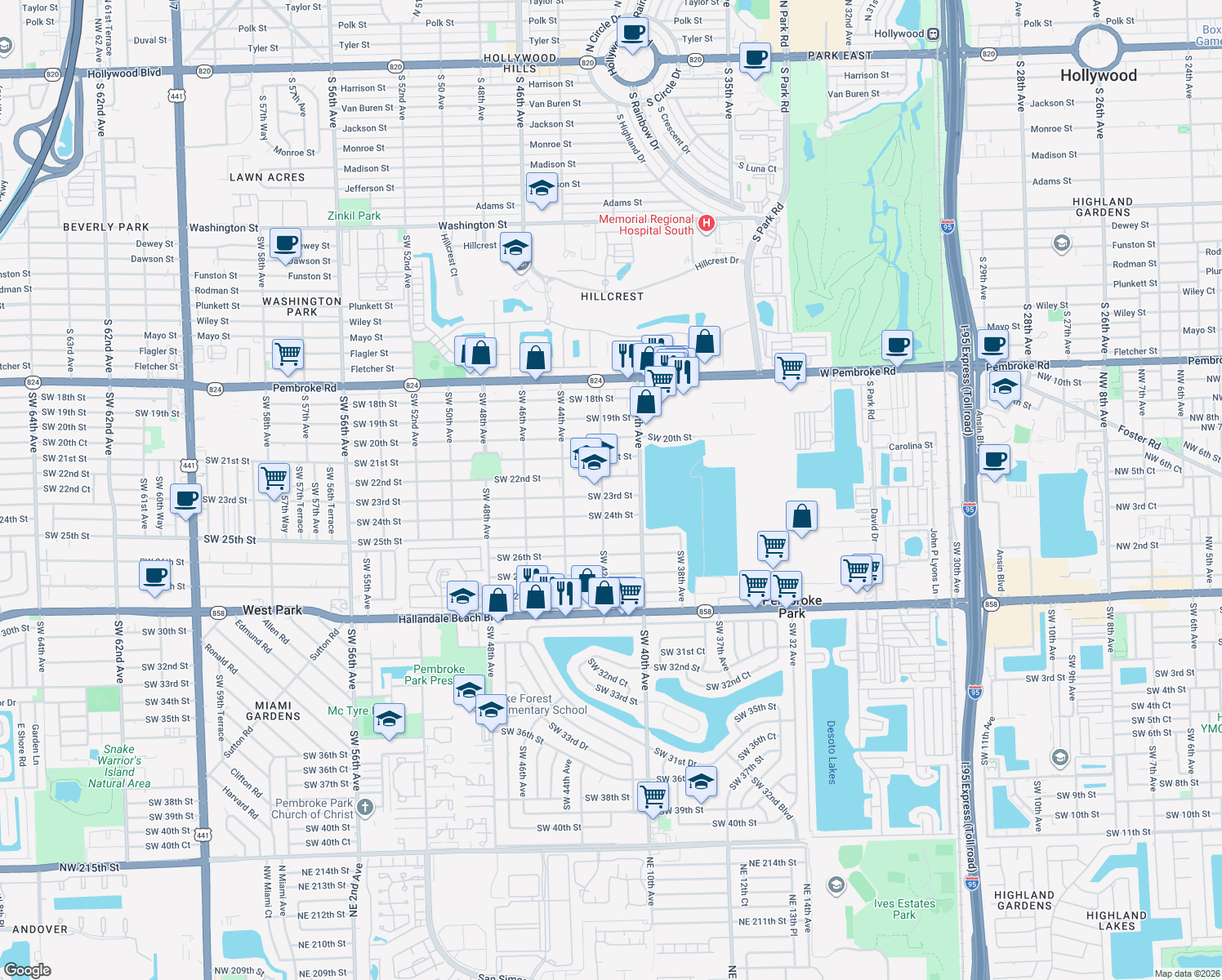 map of restaurants, bars, coffee shops, grocery stores, and more near 4131 Southwest 23rd Street in West Park