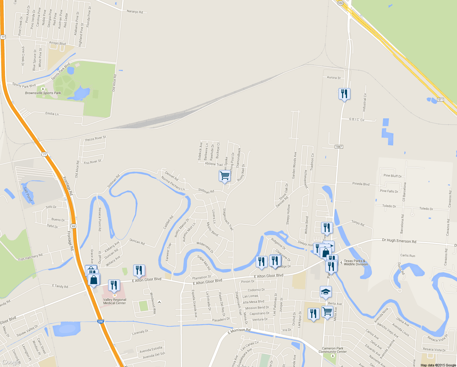 map of restaurants, bars, coffee shops, grocery stores, and more near 5801 Hitching Post Drive in Brownsville