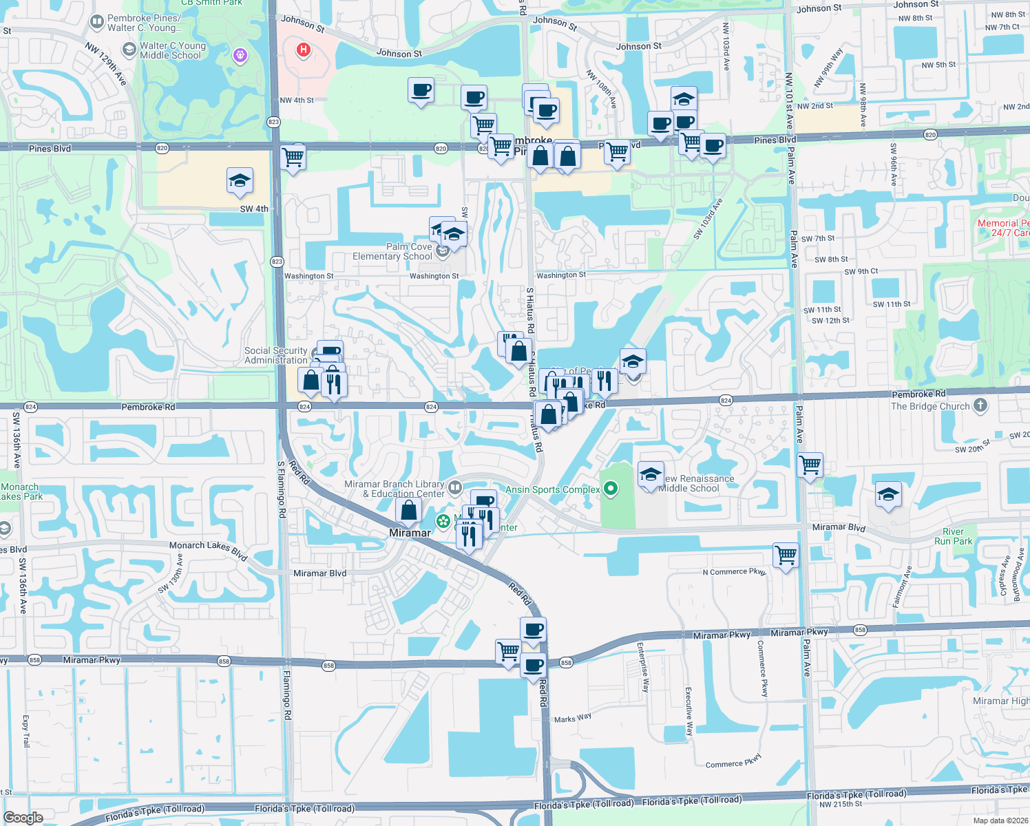 map of restaurants, bars, coffee shops, grocery stores, and more near South Hiatus Road in Pembroke Pines