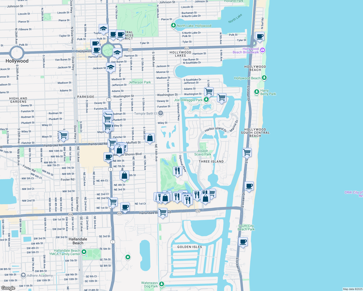 map of restaurants, bars, coffee shops, grocery stores, and more near 922 Diplomat Parkway in Hallandale Beach