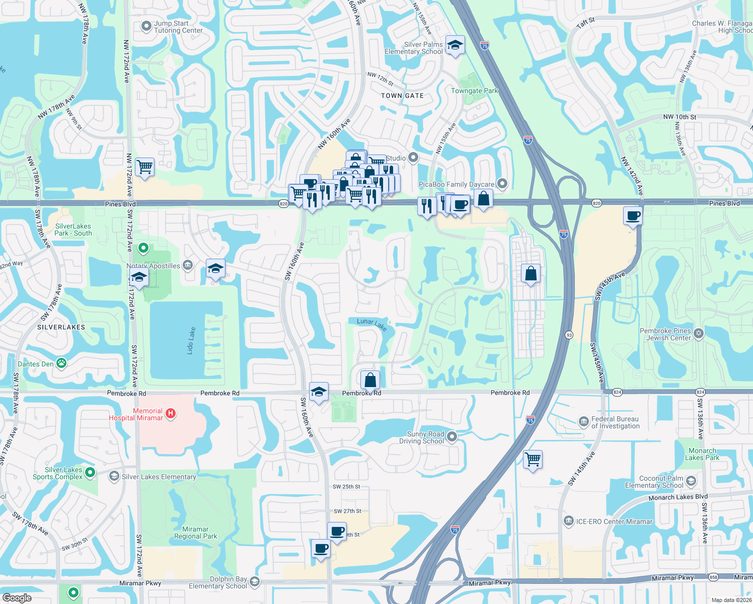 map of restaurants, bars, coffee shops, grocery stores, and more near 1102 Southwest 158th Avenue in Pembroke Pines